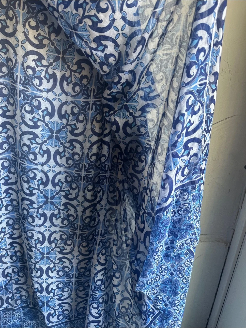 Blue Tile Print Scarf Wrap Blue White Mediterranean Boho Euro Summer 104x78